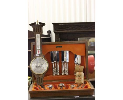 Part Wooden Cased Canteen of Cutlery together with an Oak Cased Barometer