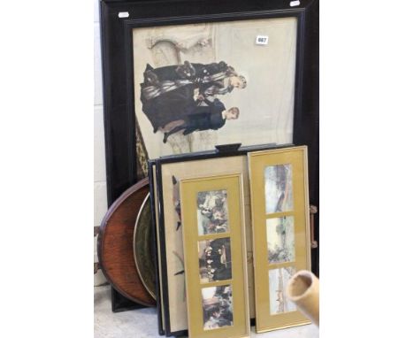 Oval Oak Tray, Brass Circular Dish, Tray with Needlework, Large 16th century Style Print and Three Signed Black and White Tow