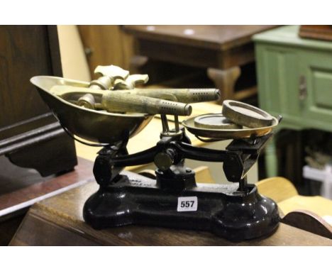 Set of Libra Scales & Brass Weights together with a Pair of Brass Taps, Preserving Pan & Ladle plus 6 19th century Stoneware 