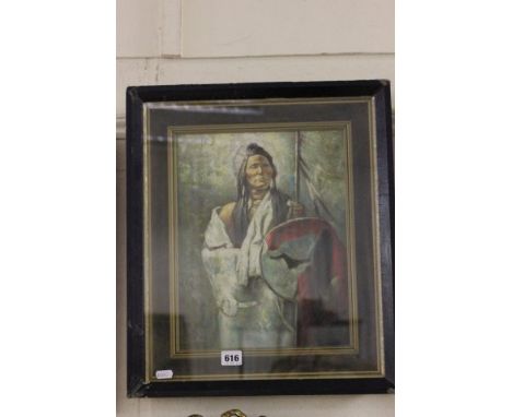 Oil on Board Framed Portrait of a Native American Red Indian Warrior