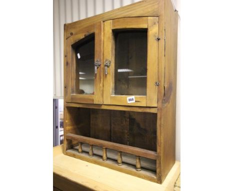 Small Pine Hanging Unit with Two Glazed Doors over Shelf