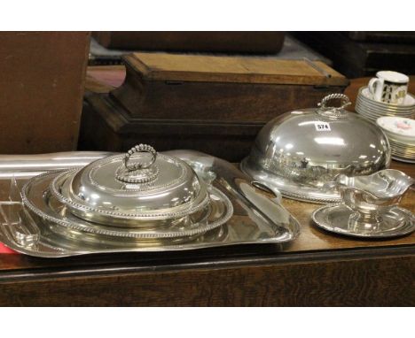 Collection of Good Silver Plate including Cloche, Large Serving Tray, Oval Tray, Tureen & Lid, Sauce Dish & Ladle, Serving To