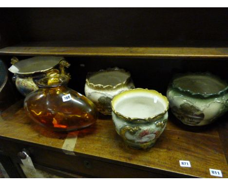 Three Decorative Ceramic Jardiniere plus a Large Coloured Glass Vase