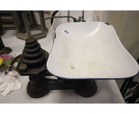 Vintage Cast Iron Scales and Weights with an enamel pan