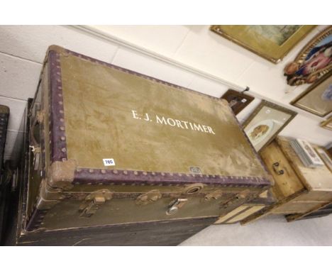 Large Travelling Trunk, brass handled with leather handles and internal compartment with makers name