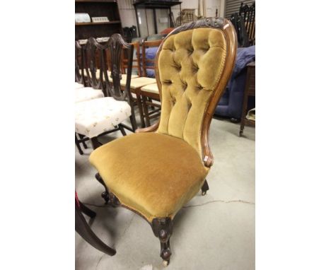 Victorian Walnut Button Back Chair upholstered in green velvet