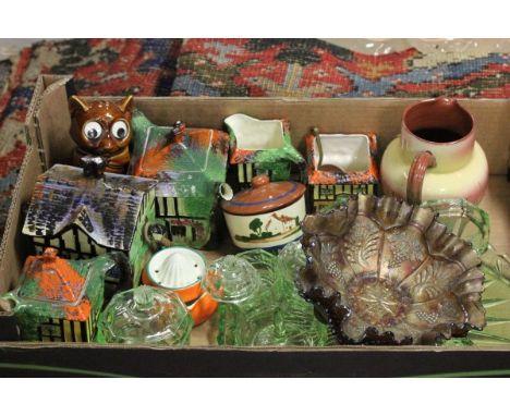 Mixed Lot of Ceramics and Glass including Cottage ware 'Ye Old Inne' Tea Set, Torquay Mottoware, Orange Squeezer, Cat Moneybo