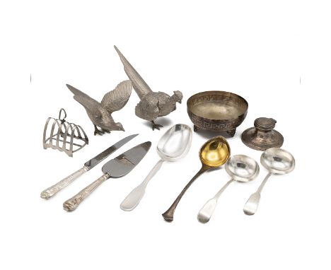 Hans Hansen of Denmark Sterling silver ladle with gilt bowl (113g) and serving spoon (100g); two Georgian silver ladles with 