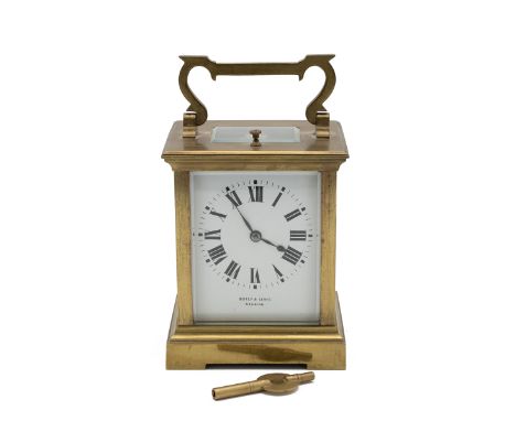 Brass cased 5 glass carriage clock striking the half hour and hours with a repeater, the enamelled dial with Roman numerals b