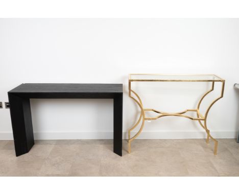 Mid century style contemporary gilt metal console table. Shaped legs and stretcher with glass top. W 102cm, D 30cm; Also a ma