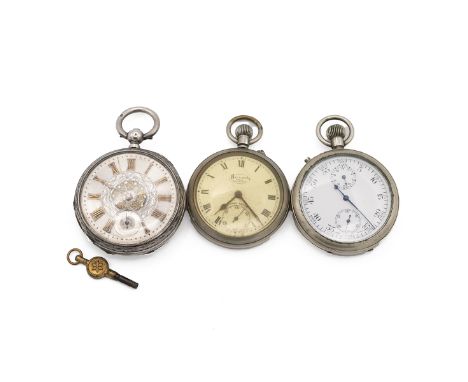 Three pocket watches. The first in a silver case with 0.935 mark above three bears indicating a Swiss piece made after 1887 a