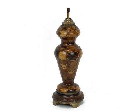 French specimen wood table lamp base c1900. Baluster form turned from multiple timbers, with gilt brass base, ring and stem. 