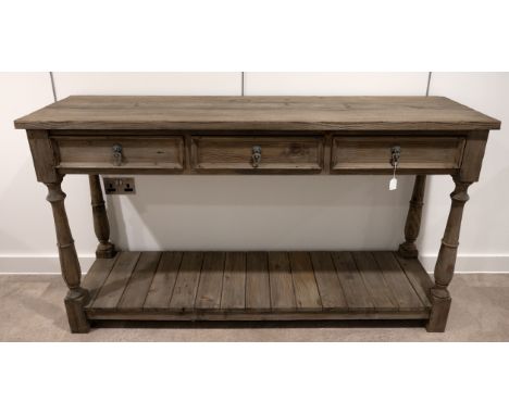 Contemporary rustic weathered pine buffet sideboard. W 160cm, D 45cm, H 91cm. (C)