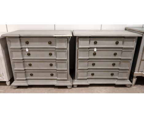 Identical pair of contemporary three drawer inverted breakfront chest of drawers. Solid wood construction with grey textured 