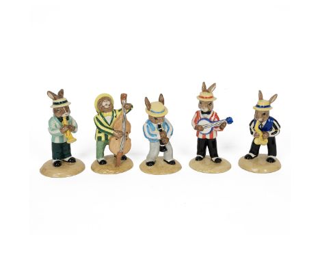 Royal Doulton Bunnykins figures from the Jazz Band collection to include Trumpet Player DB210, Double Bass Player DB185, Saxo