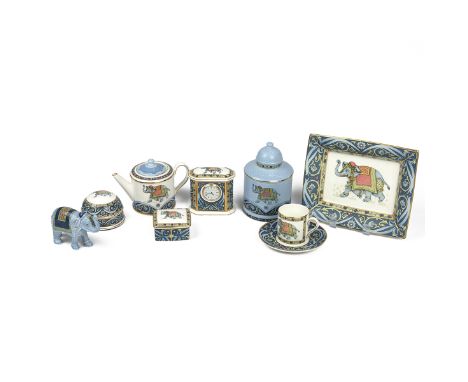 Wedgwood Blue Elephant bone china to include: A teapot (H 10cm); Cup and saucer; quartz battery clock; large rectangular shal