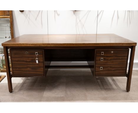 Mid Century Danish executive desk by H.P. Hansen c1960's. Rosewood with steel ring handles to the 5 drawers. W 175cm, D 95cm,