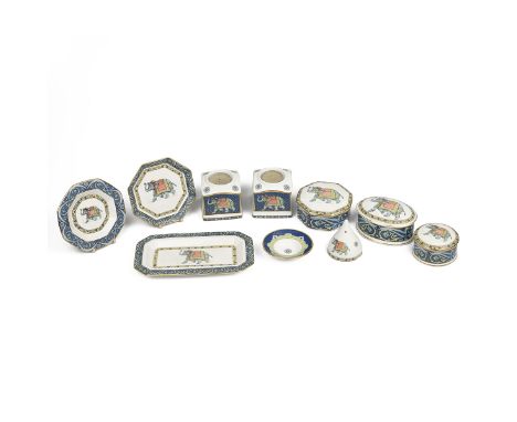 Wedgwood Blue Elephant bone china collection to include: 2 x votive candle holders; incense burner with conical cover, 2 x oc