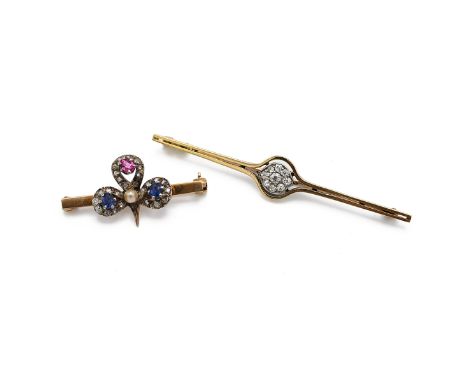 A 9ct yellow gold bar brooch, applied with a fleur-de-lis set with ruby, sapphires, diamonds and a pearl, approximately 3.5cm