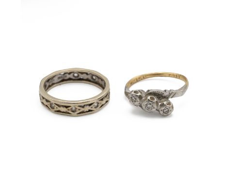 An 18ct gold and illusion set diamond ring, stamped "18ct &amp; PLAT", 2.75 grams, along with 9ct gold eternity ring, 2.67 gr
