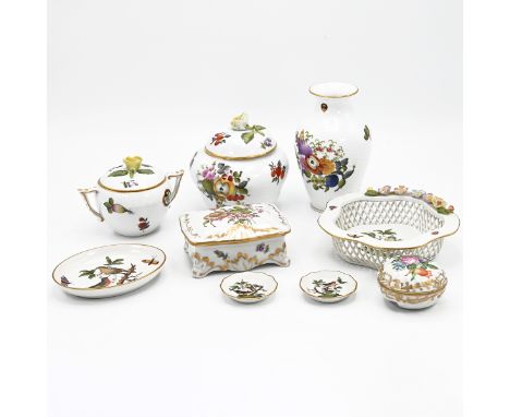 A collection of Herend porcelain including in the &nbsp;"Rothschild birds" pattern: a five sided lace work bowl; an oval trin