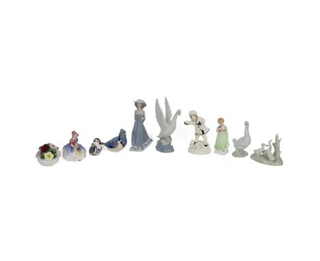 Porcelain figurines to include: Royal Crown Derby paperweights - Duckling (Gold Stopper) and Blue Jay (Silver Stopper); Royal