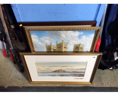 Alan Morgan, oil on board, 'Bamburgh Castle', an oil of Durham Cathedral and a print of Durham