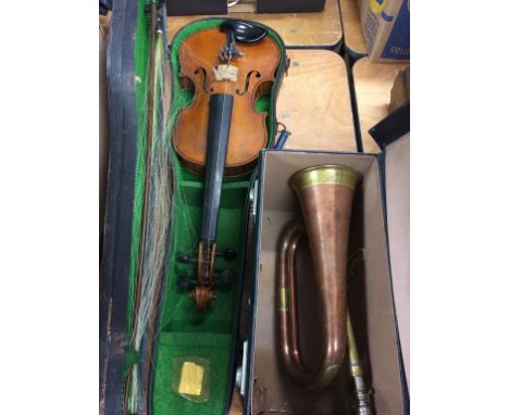 A violin bears label Concert Violin 1901 Hawkes &amp; son London  and a bugle, 61cm length, 21cm width (total dimensions), 36