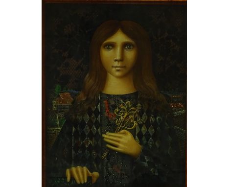 Jean Olivier, oil on board, stylised portrait, signed with exhibition labels verso, 15.5" x 12.5", framed.