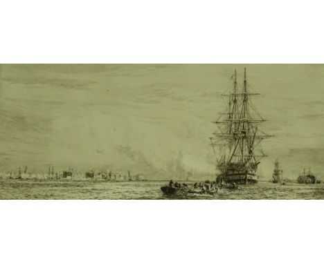 William Lionel Wyllie (1851-1931), etching, HMS Victory firing a salute at Portsmouth, signed in pencil, plate size 8.5" x 19