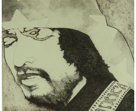 David Oxley, etching, portrait of a man, signed in pencil, and an ink and watercolour landscape by a different hand, framed, 