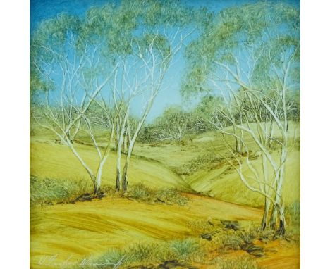 Australian School, oil on ceramic tile, Golden Summer, indistinctly signed, 6" x 6".