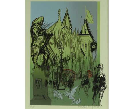 Feliks Topolski, colour print, street scene, signed in pencil, no. 67/250, sheet size 28" x 20", framed.