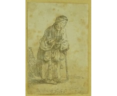 Miniature Rembrandt etching, old woman, signed in the plate with date 1646, sheet size 3" x 2", framed.