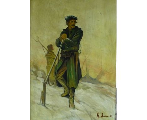 Oil on board, study of a First War period soldier, indistinctly signed, dated 1918, 34" x 22", framed.