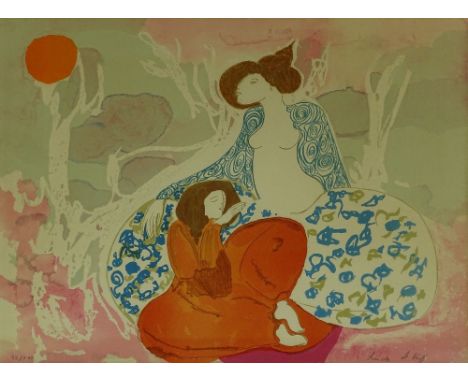 Linda LeKinff (born 1949), lithograph, Les Deux Amies, signed in pencil, no. 35/200, image 18" x 25.5", framed.