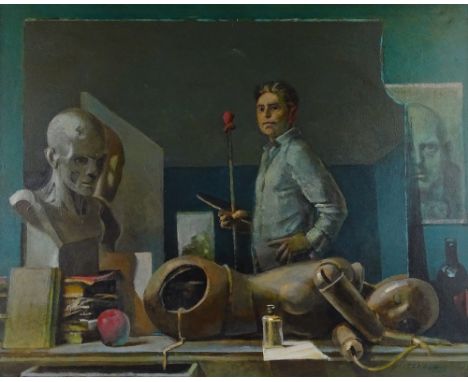 Gordon Mitchell, oil on canvas, self portrait of the artist in the studio, signed, 32" x 40", framed.