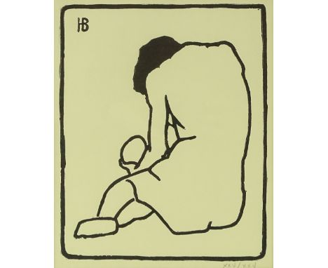 Horace Brodsky, lino-cut print, seated figure, image 9.5" x 8", framed.