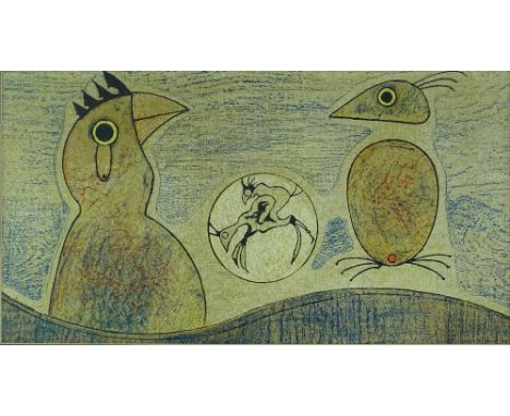 Max Ernst, colour lithograph, Deux Oiseaux, 12" x 22", framed.