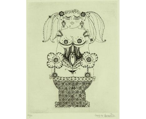 Francoise DuMontier, etching, standing figure, signed in pencil, no. 12/60, image 5.5" x 4.5", mounted.