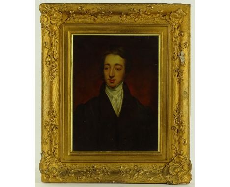 Early 19th century oil on artist's board, half length portrait of a gentleman, unsigned, 12" x 9", framed.