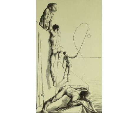 Michael Ayrton (1921-1975), lithograph, boys fishing, signed in pencil, no. 17/25, image 25" x 15", framed.