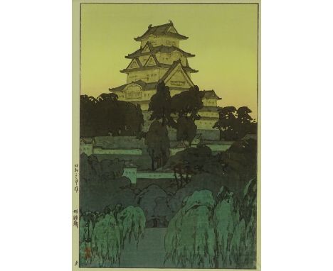 Hiroshi Yoshida, wood-cut print, Himeji Castle 1928, image 14" x 9", framed.