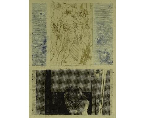 Mid 20th century coloured etching, The Judgement of Paris, indistinctly signed in pencil, image 24" x 17", framed.