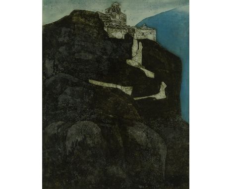 Leslie Duxbury (1921-2001), coloured etching, Meteora, signed in pencil, no. 7/30, plate size 19" x 14.5", framed.