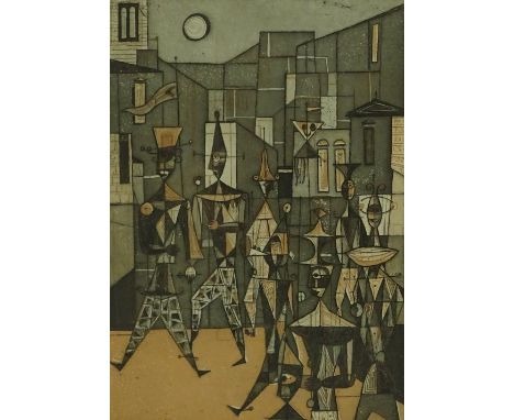 Rudolf Kugler (born 1921), etching, abstract 1950, image 10.5" x 7", framed.