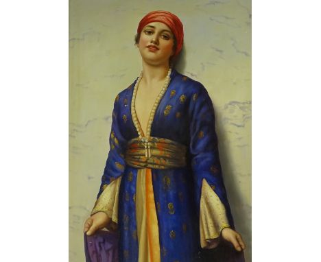 Modern oil on canvas board, Orientalist portrait, 31" x 21", framed.