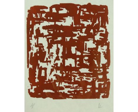 Brian Blow, woodblock print, abstract, artist proof circa 1970, signed with monogram, image 8" x 7", mounted.