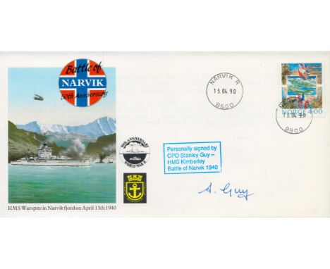WW2 Battle of Narvik veteran CPO Stanley Guy HMS Kimberley 1940 signed 1990, 50th ann cover, scarce numbered 47 of 50 issued.