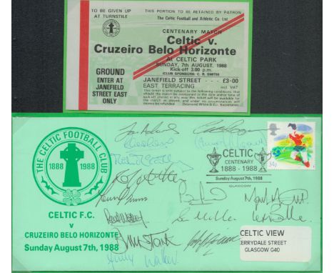 Celtic football 15 legends signed 1988 Centenary match cover v Horizonte with 7/8/88 Glasgow postmark. Has original match tic
